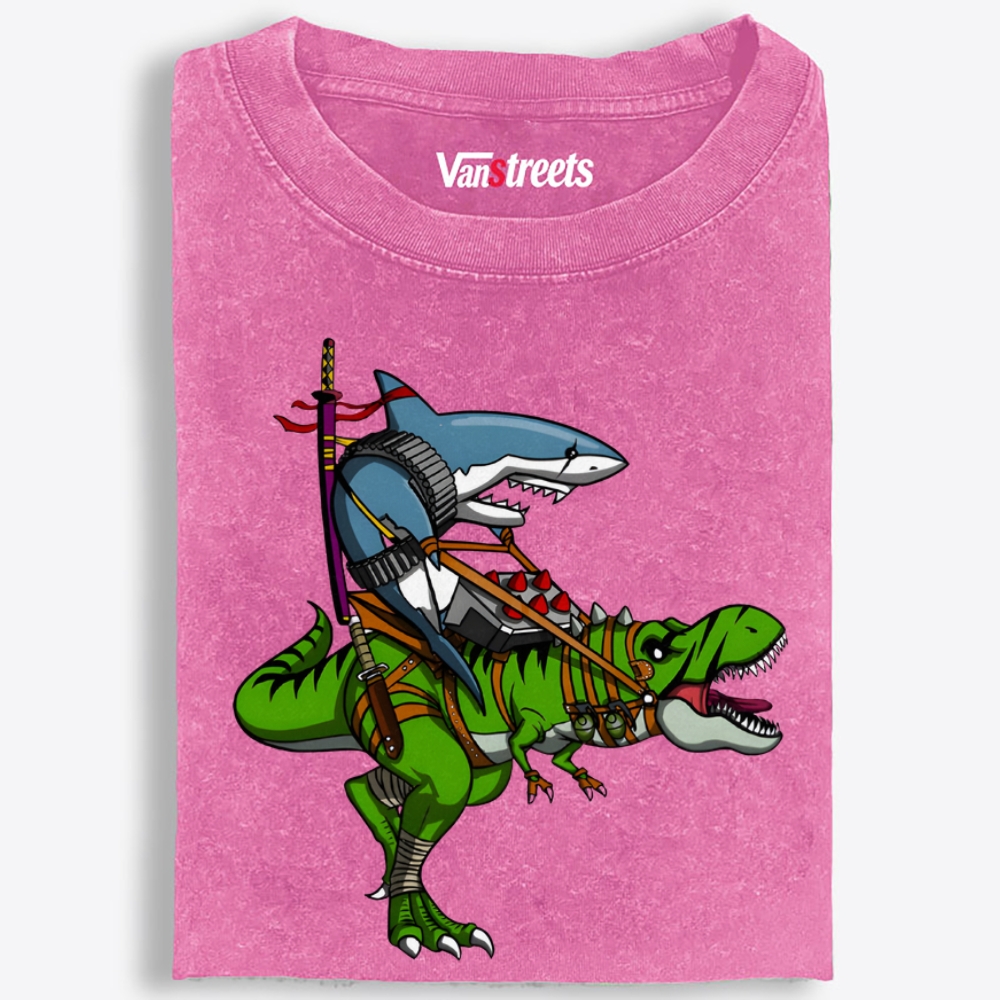 Shark Riding T-Rex Retro Washed T-Shirt | 100% Cotton | Streetwear Essential
