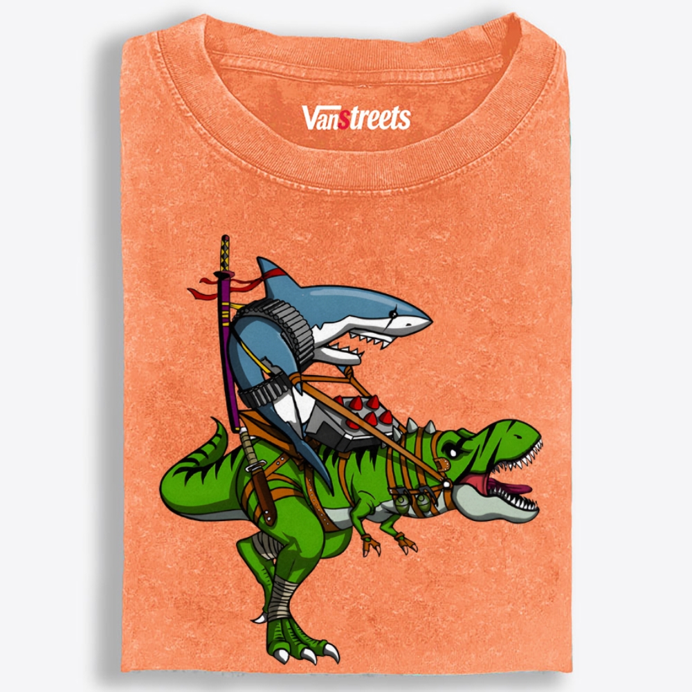 Shark Riding T-Rex Retro Washed T-Shirt | 100% Cotton | Streetwear Essential