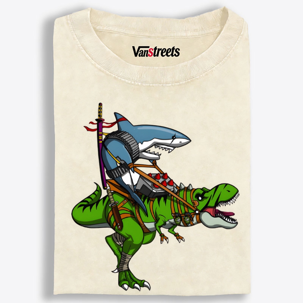 Shark Riding T-Rex Retro Washed T-Shirt | 100% Cotton | Streetwear Essential