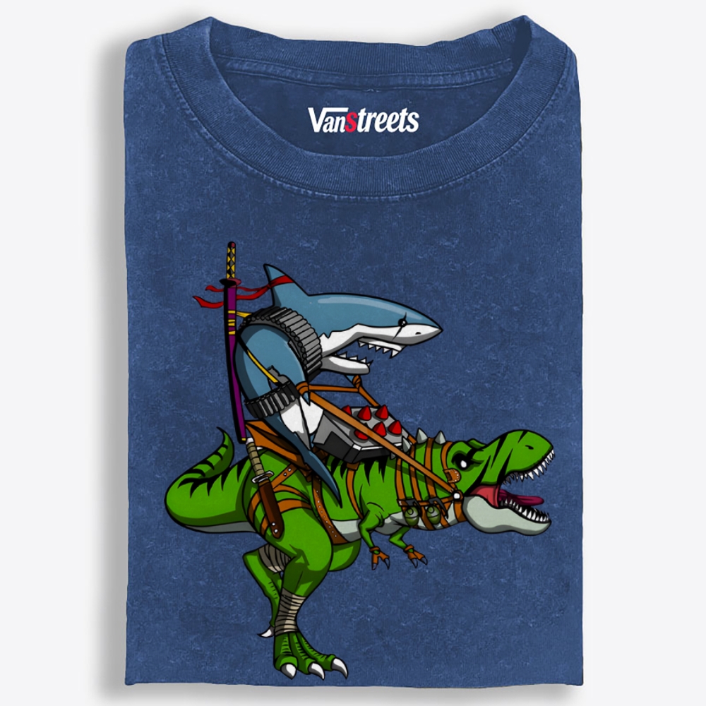 Shark Riding T-Rex Retro Washed T-Shirt | 100% Cotton | Streetwear Essential