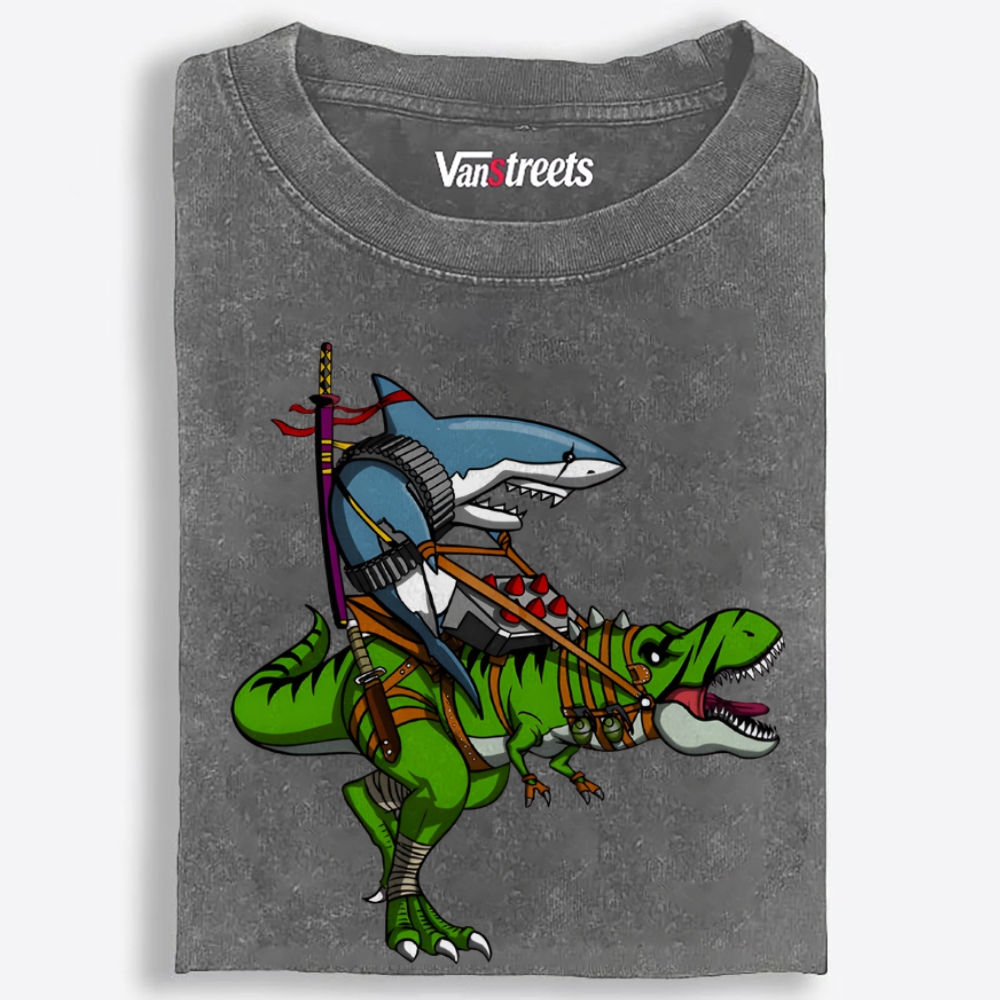 Shark Riding T-Rex Retro Washed T-Shirt | 100% Cotton | Streetwear Essential
