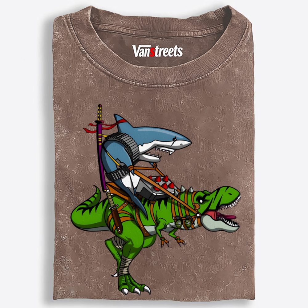 Shark Riding T-Rex Retro Washed T-Shirt | 100% Cotton | Streetwear Essential