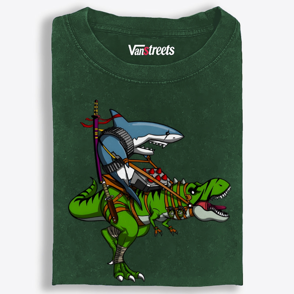 Shark Riding T-Rex Retro Washed T-Shirt | 100% Cotton | Streetwear Essential