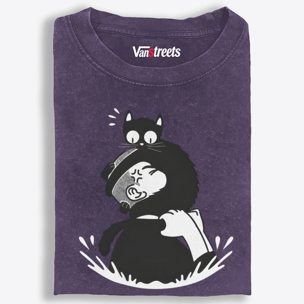 Cat On My Head Retro Washed T-Shirt | 100% Cotton | Streetwear Essential