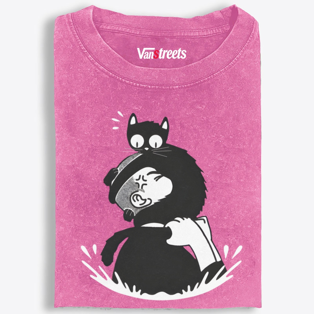 Cat On My Head Retro Washed T-Shirt | 100% Cotton | Streetwear Essential