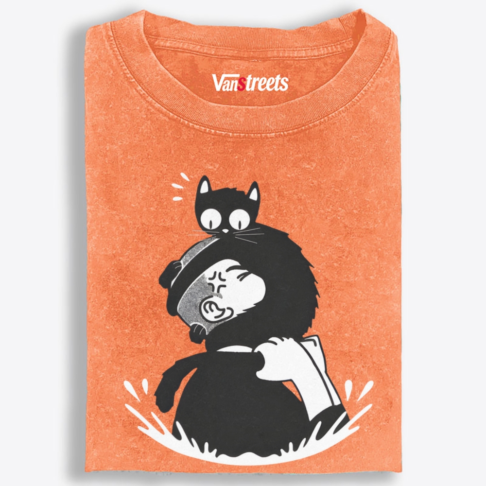 Cat On My Head Retro Washed T-Shirt | 100% Cotton | Streetwear Essential
