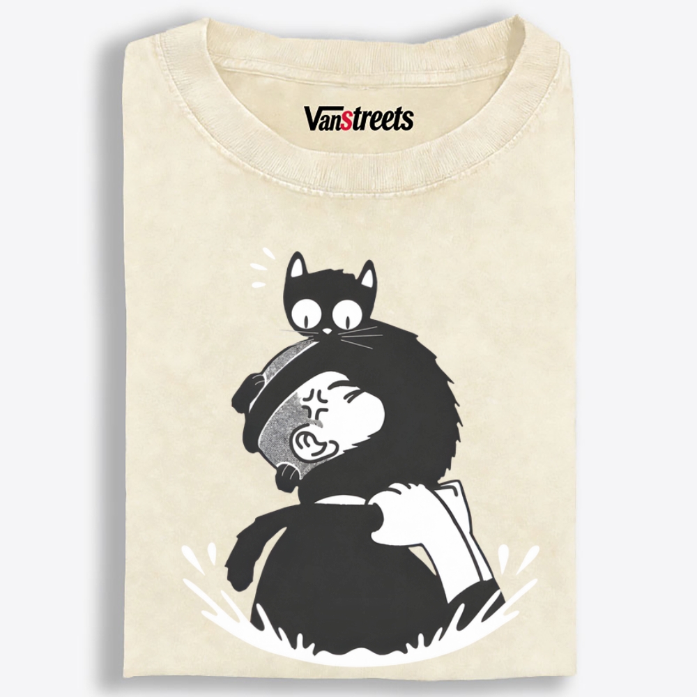 Cat On My Head Retro Washed T-Shirt | 100% Cotton | Streetwear Essential