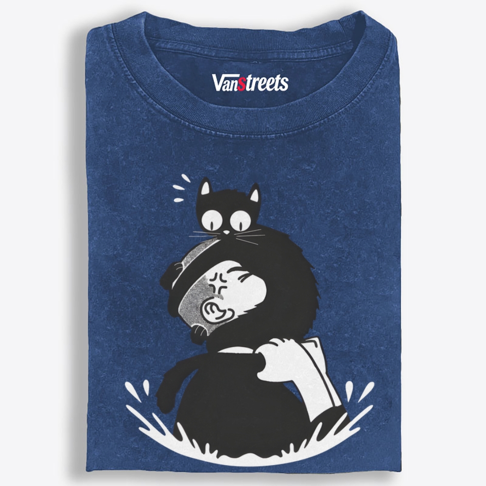 Cat On My Head Retro Washed T-Shirt | 100% Cotton | Streetwear Essential