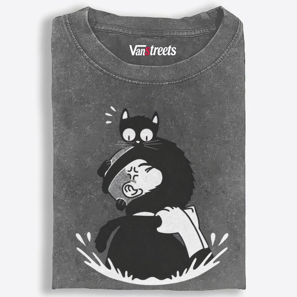 Cat On My Head Retro Washed T-Shirt | 100% Cotton | Streetwear Essential