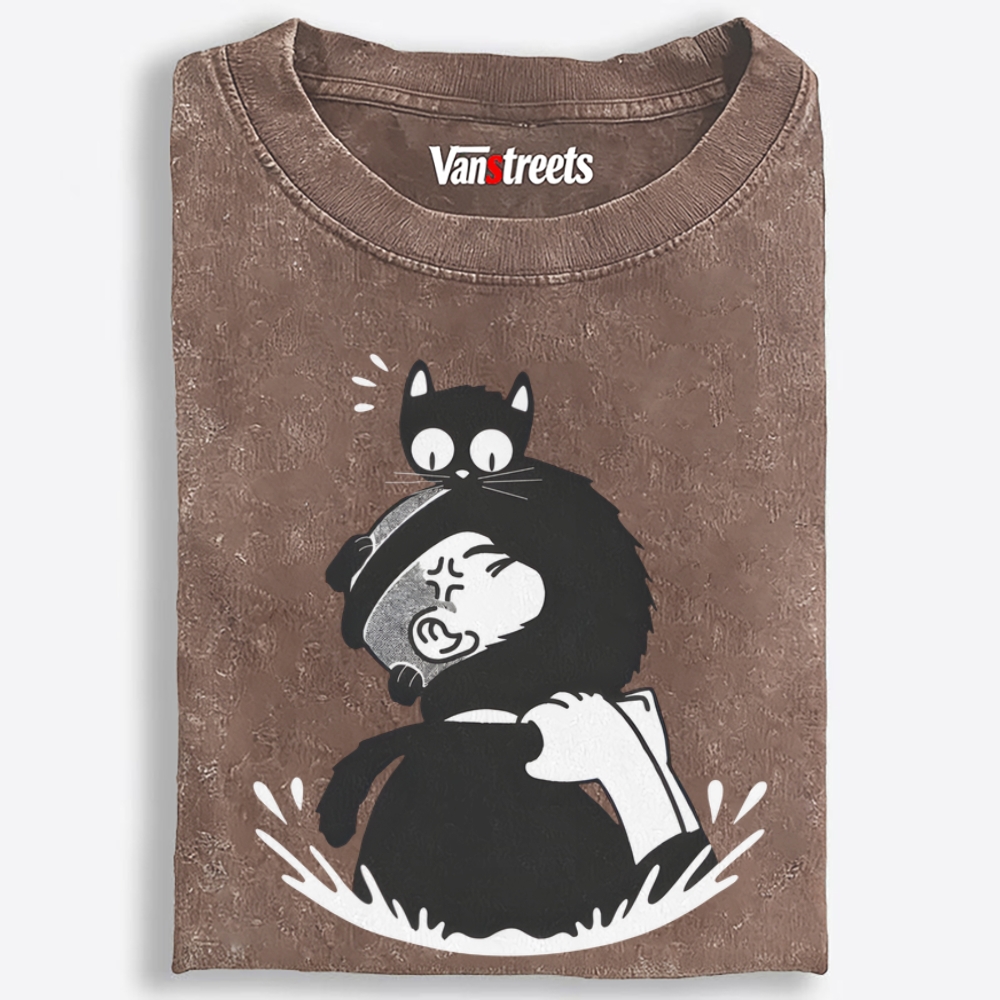 Cat On My Head Retro Washed T-Shirt | 100% Cotton | Streetwear Essential