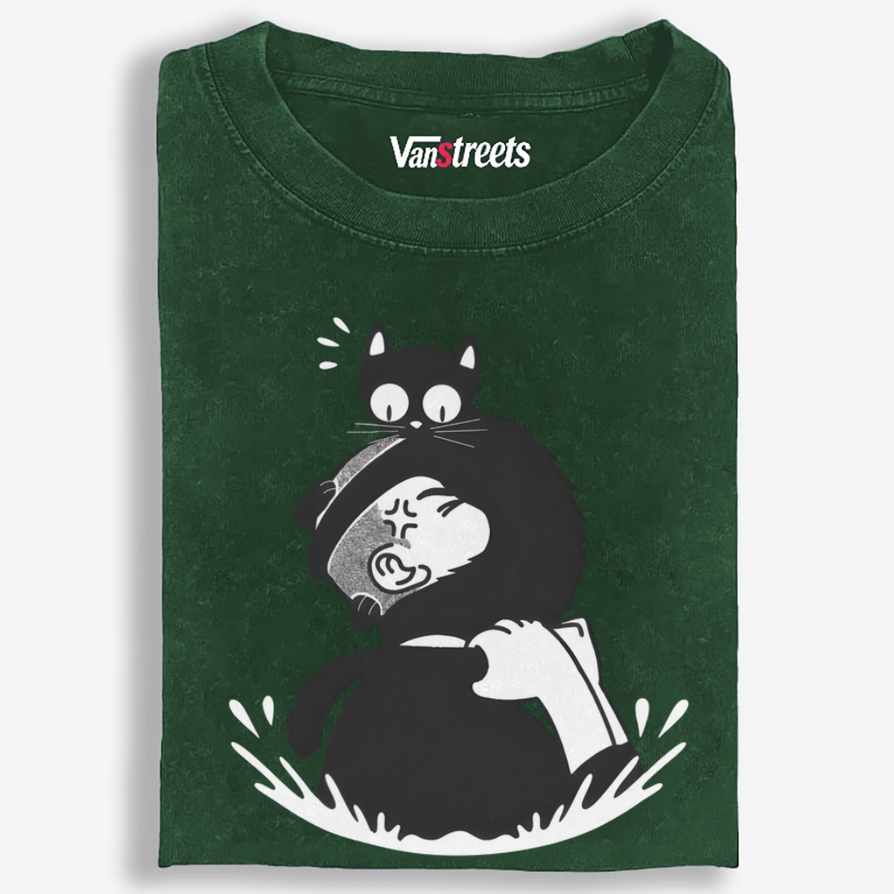 Cat On My Head Retro Washed T-Shirt | 100% Cotton | Streetwear Essential