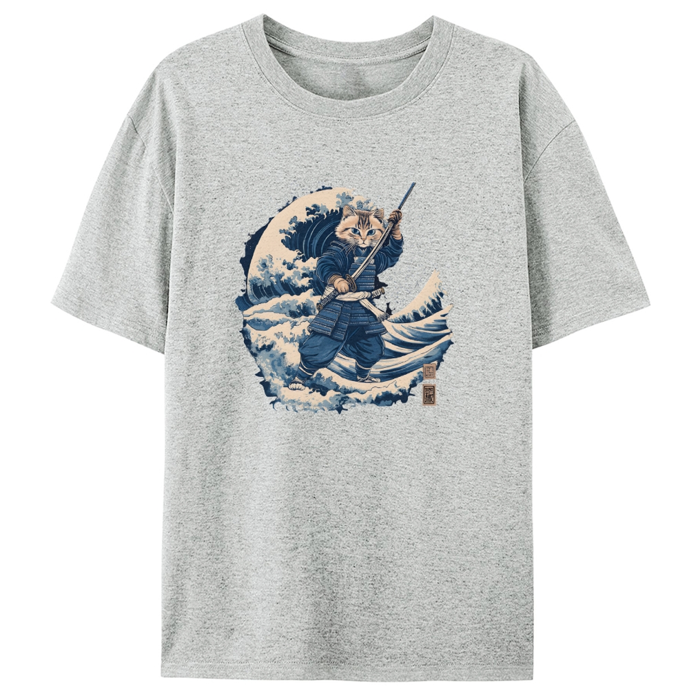 Samurai Cat on the Great Wave Retro Designed for Women - Slim Fit Cotton Tee