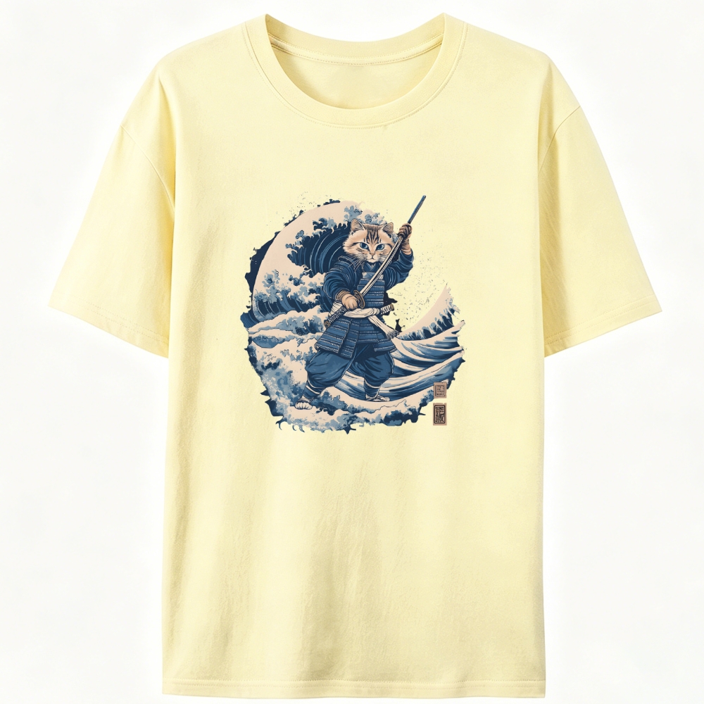 Samurai Cat on the Great Wave Retro Designed for Women - Slim Fit Cotton Tee