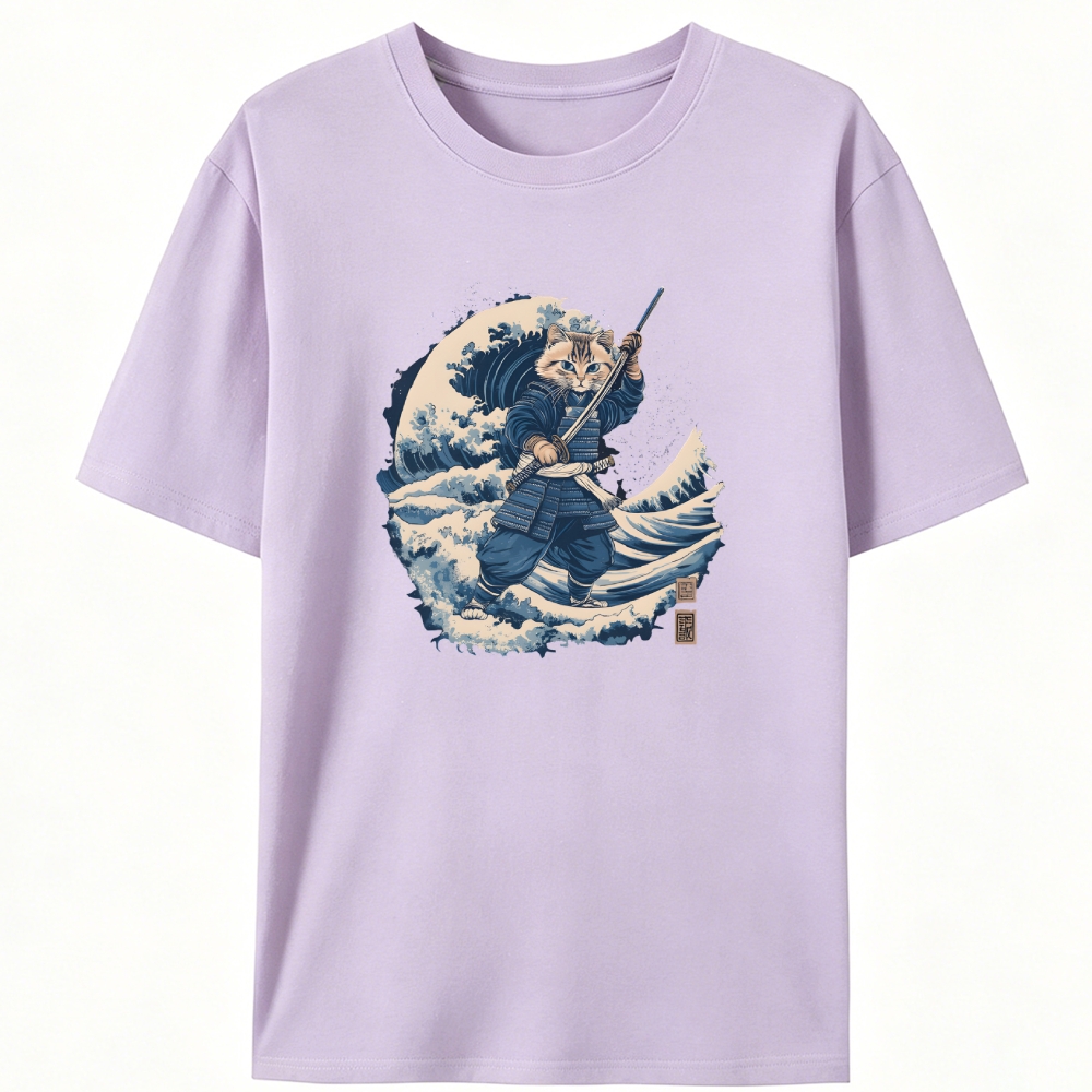 Samurai Cat on the Great Wave Retro Designed for Women - Slim Fit Cotton Tee