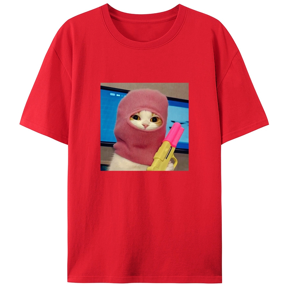 Pink Balaclava Gun Cat Retro Designed for Women - Slim Fit Cotton Tee