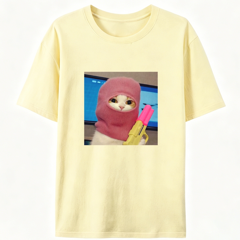 Pink Balaclava Gun Cat Retro Designed for Women - Slim Fit Cotton Tee