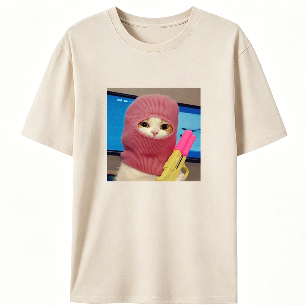 Pink Balaclava Gun Cat Retro Designed for Women - Slim Fit Cotton Tee