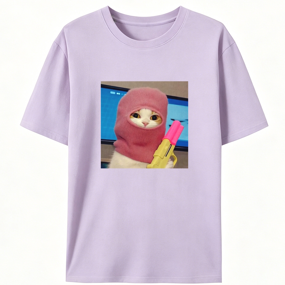 Pink Balaclava Gun Cat Retro Designed for Women - Slim Fit Cotton Tee