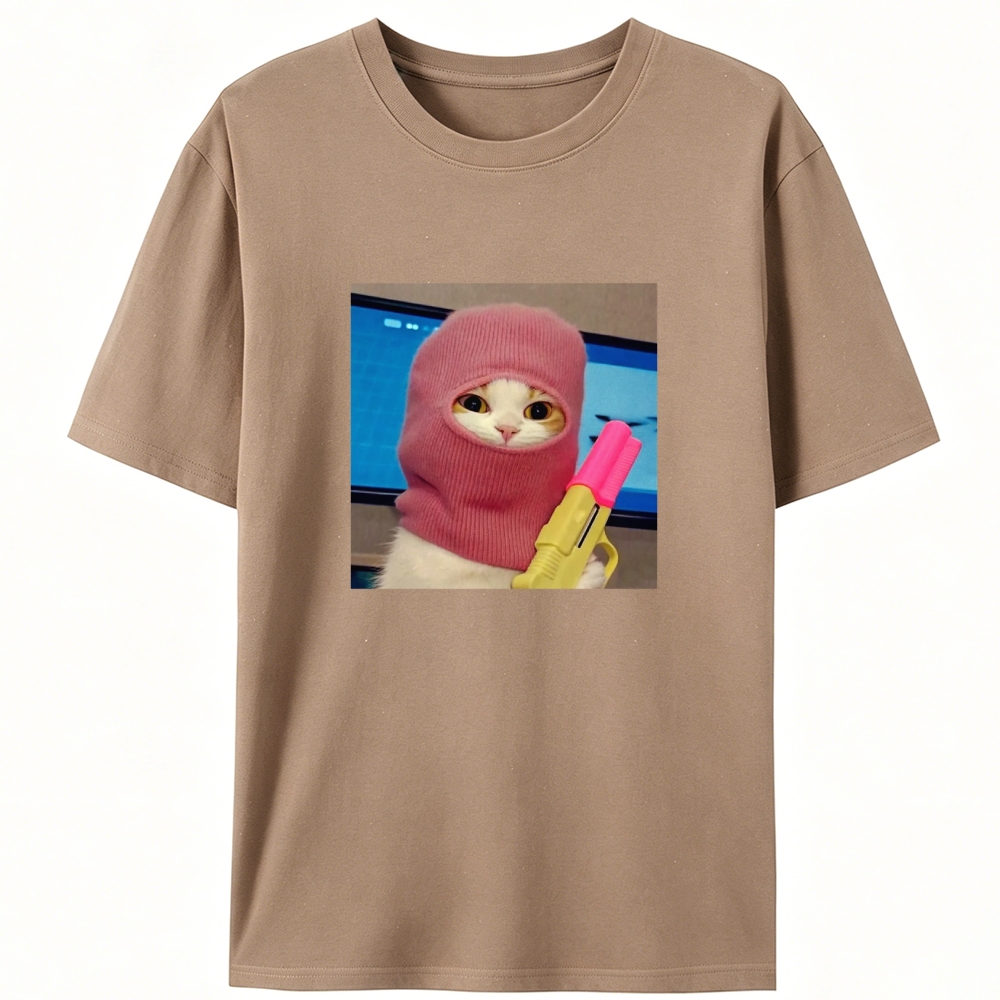 Pink Balaclava Gun Cat Retro Designed for Women - Slim Fit Cotton Tee