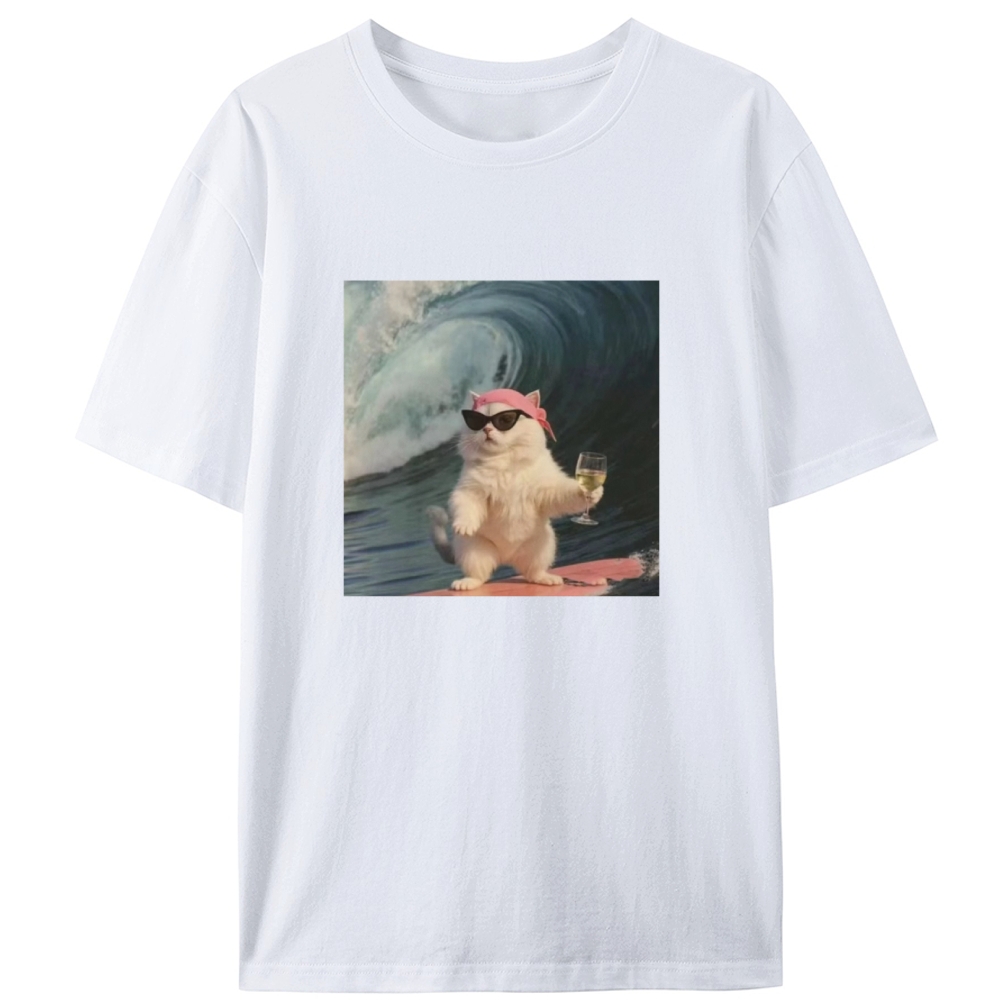 Surfing Wine Cat Retro Designed for Women - Slim Fit Cotton Tee