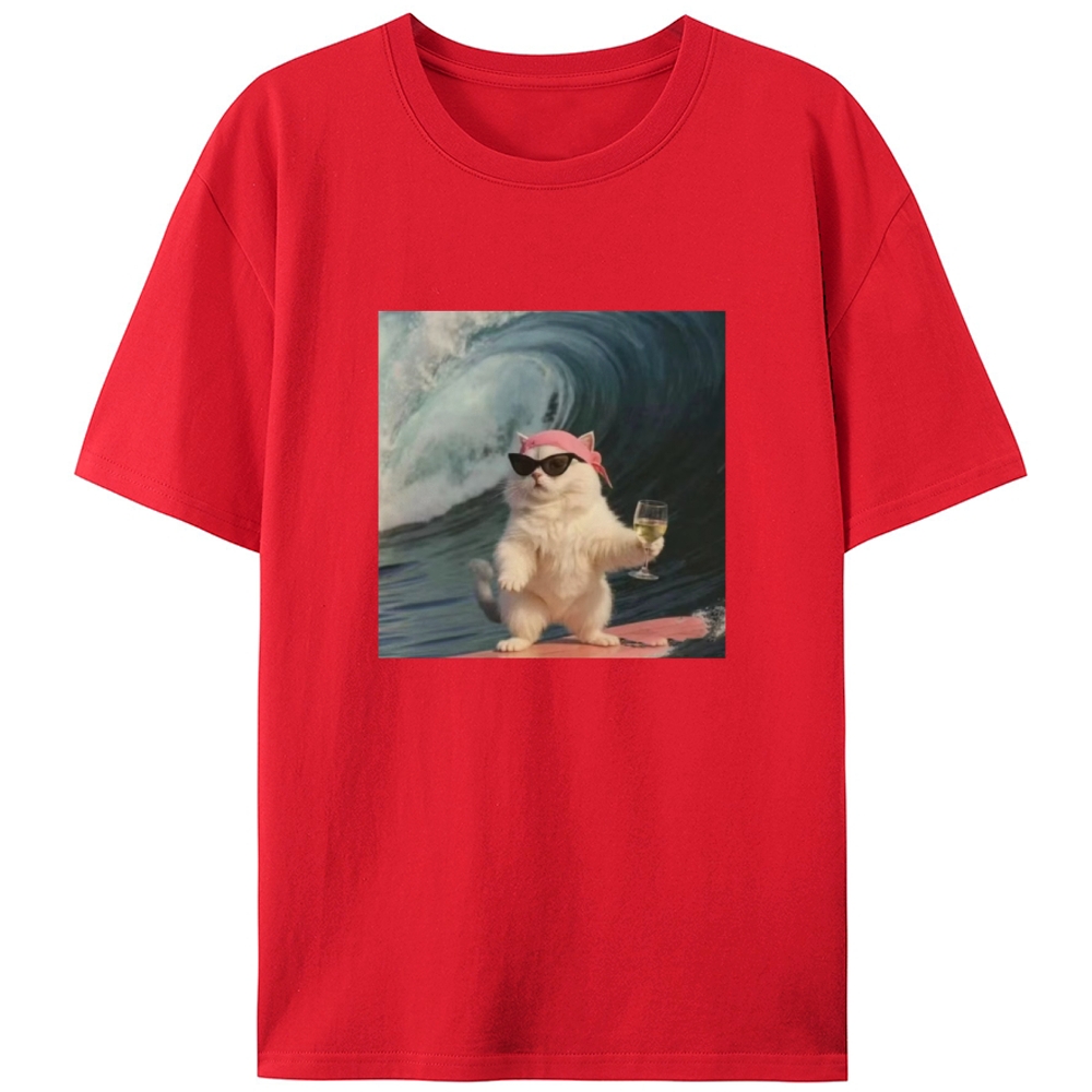 Surfing Wine Cat Retro Designed for Women - Slim Fit Cotton Tee