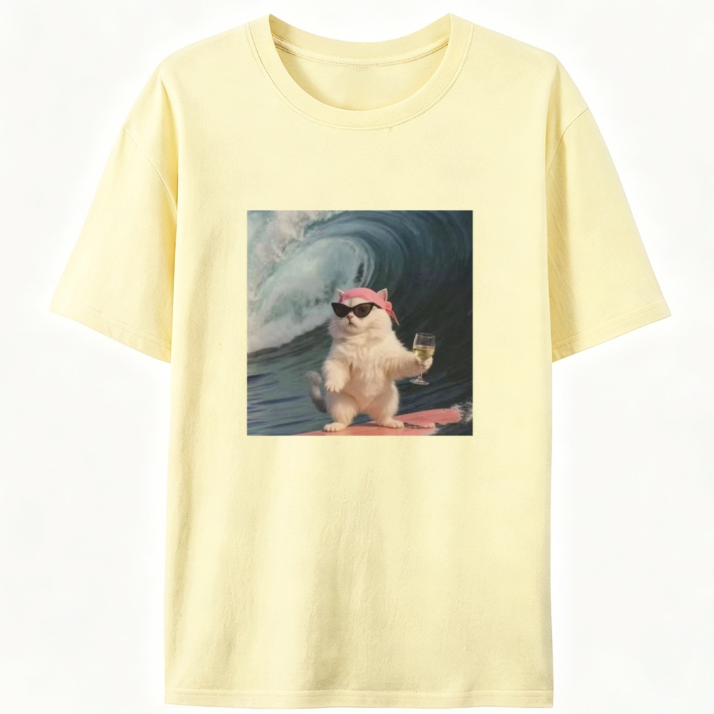 Surfing Wine Cat Retro Designed for Women - Slim Fit Cotton Tee