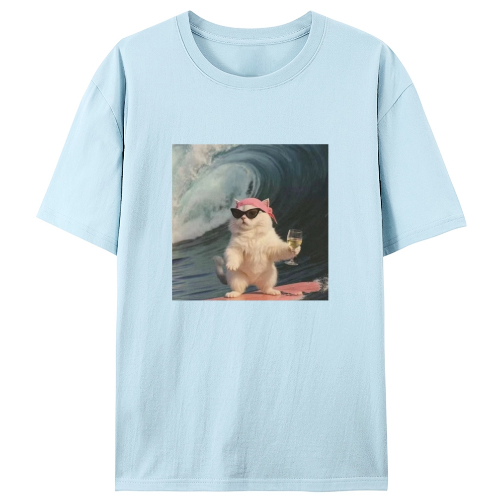 Surfing Wine Cat Retro Designed for Women - Slim Fit Cotton Tee