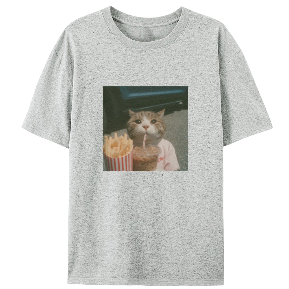 Cat's Fries & Happy Drink Retro Designed for Women - Slim Fit Cotton Tee
