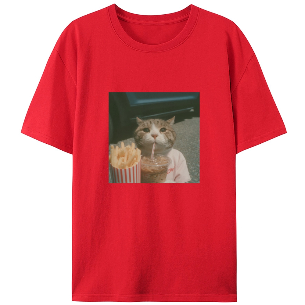 Cat's Fries & Happy Drink Retro Designed for Women - Slim Fit Cotton Tee