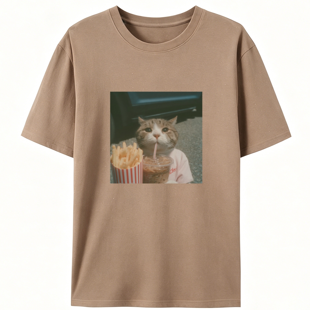 Cat's Fries & Happy Drink Retro Designed for Women - Slim Fit Cotton Tee