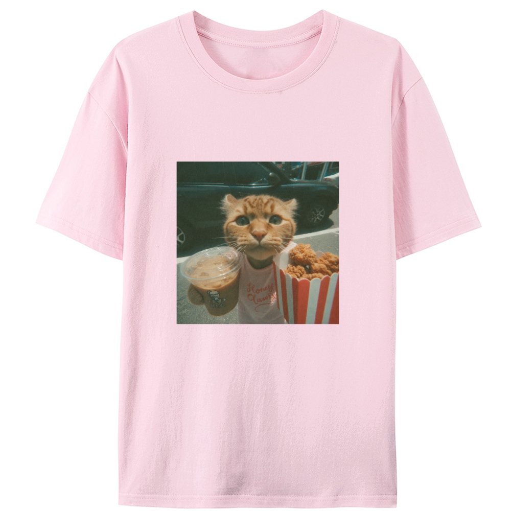Orange Cat's Fried Chicken & Happy Drink Retro Designed for Women - Slim Fit Cotton Tee
