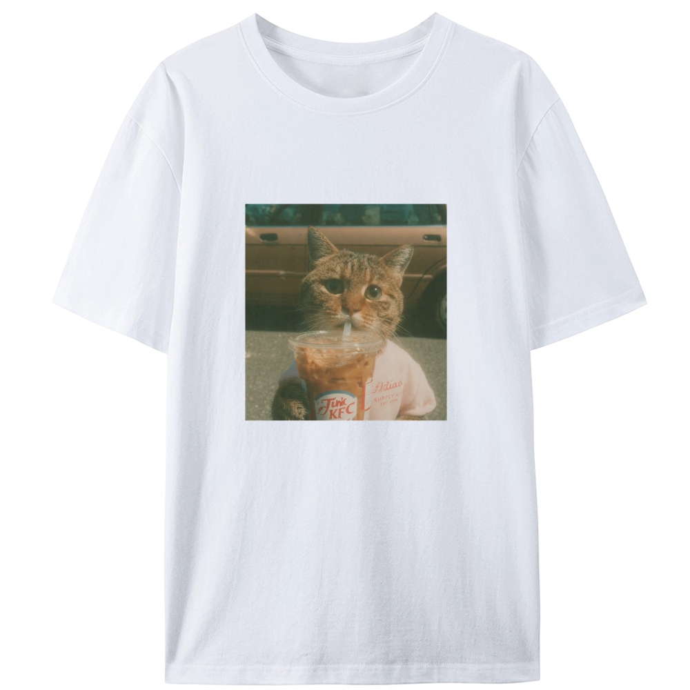 Grumpy Orange Cat's Happy Drink Retro Designed for Women - Slim Fit Cotton Tee