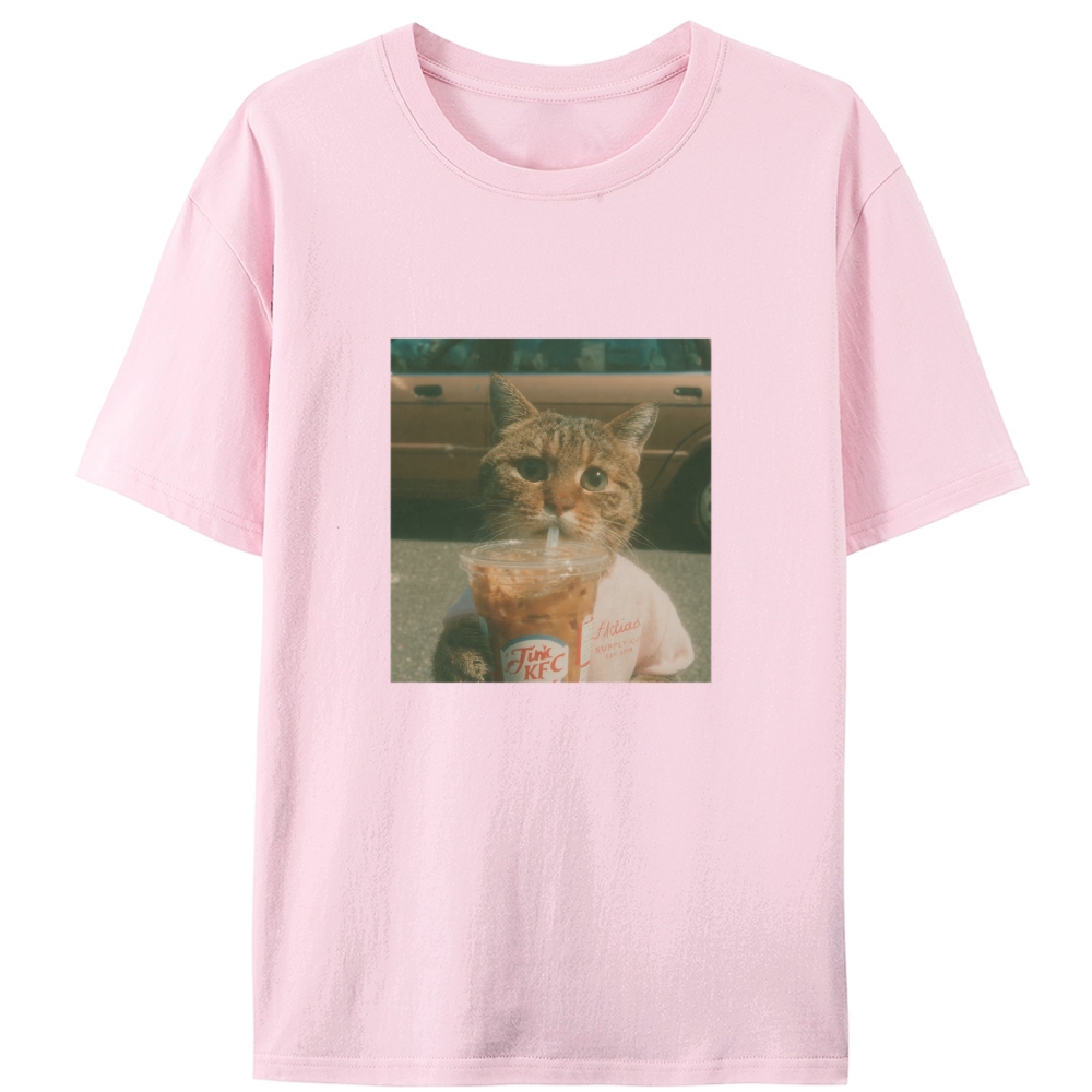 Grumpy Orange Cat's Happy Drink Retro Designed for Women - Slim Fit Cotton Tee
