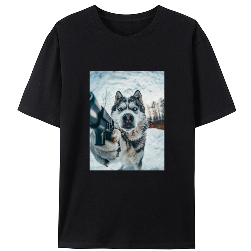 Husky Pulls a Gun Retro Designed for Women - Slim Fit Cotton Tee
