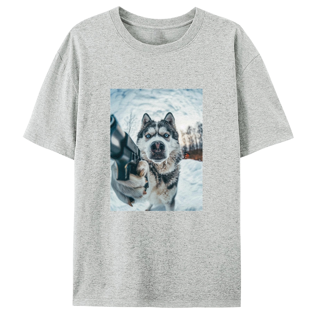 Husky Pulls a Gun Retro Designed for Women - Slim Fit Cotton Tee