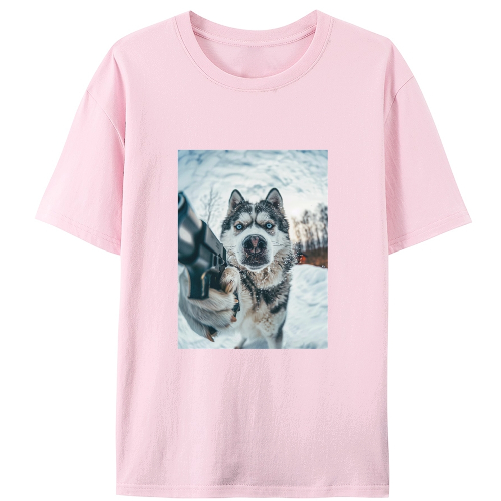 Husky Pulls a Gun Retro Designed for Women - Slim Fit Cotton Tee