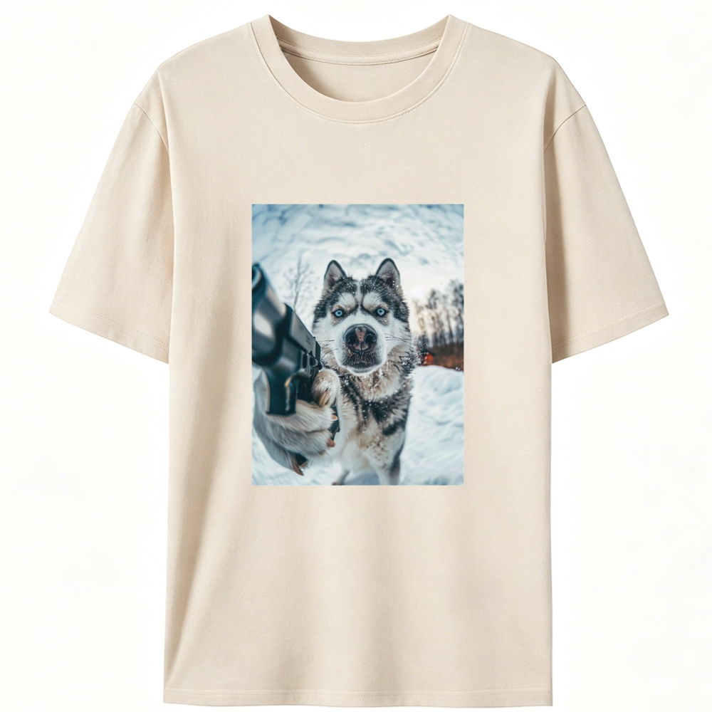 Husky Pulls a Gun Retro Designed for Women - Slim Fit Cotton Tee