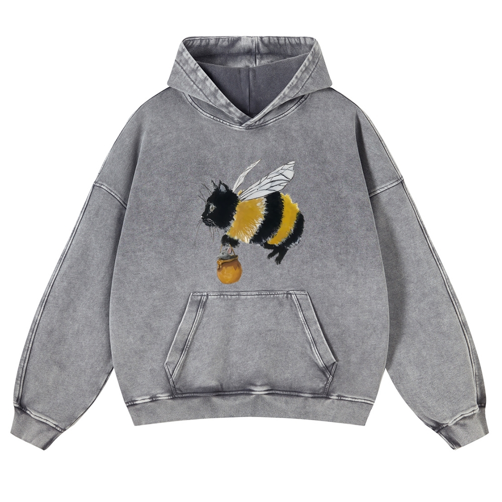 Bee Cat Catching Mouse Retro Washed Hoodie
