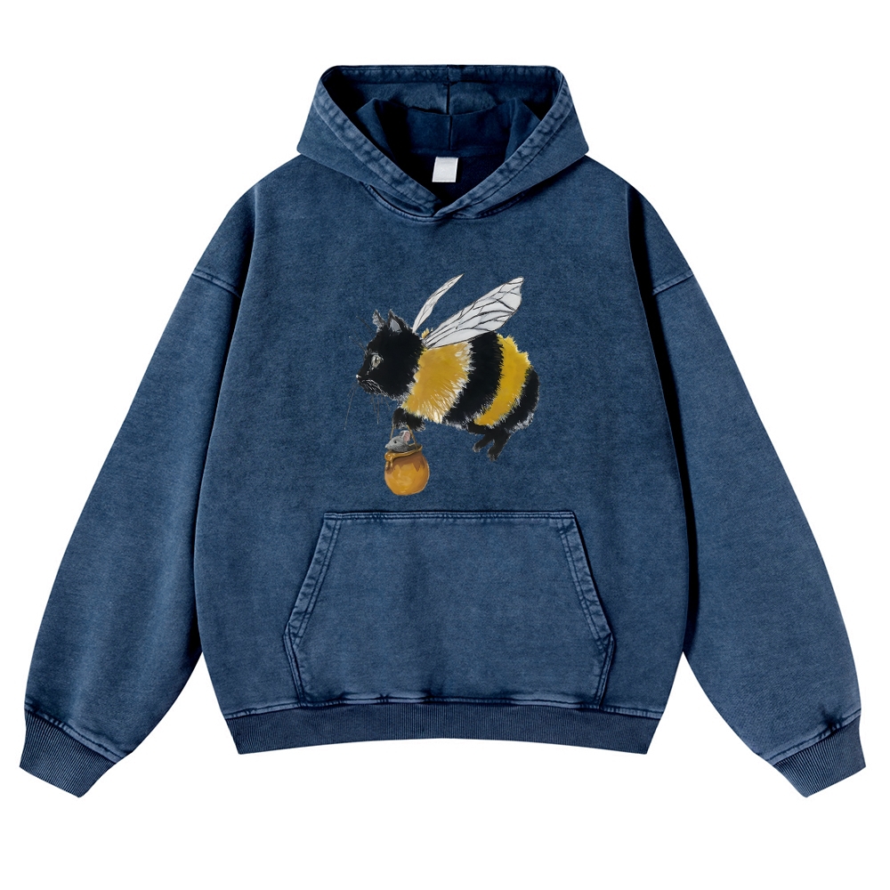 Bee Cat Catching Mouse Retro Washed Hoodie