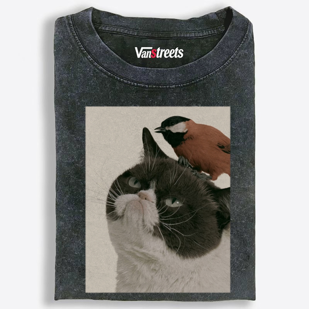 Bird On My Head Cat Retro Washed T-Shirt | 100% Cotton | Streetwear Essential