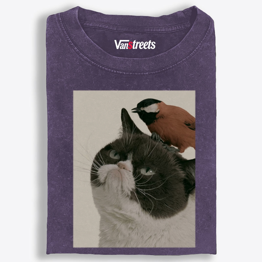 Bird On My Head Cat Retro Washed T-Shirt | 100% Cotton | Streetwear Essential