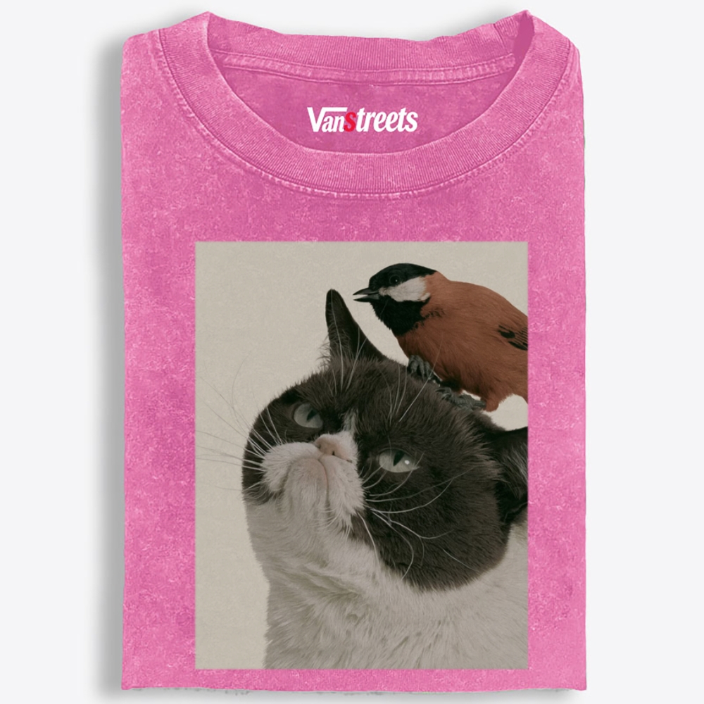 Bird On My Head Cat Retro Washed T-Shirt | 100% Cotton | Streetwear Essential