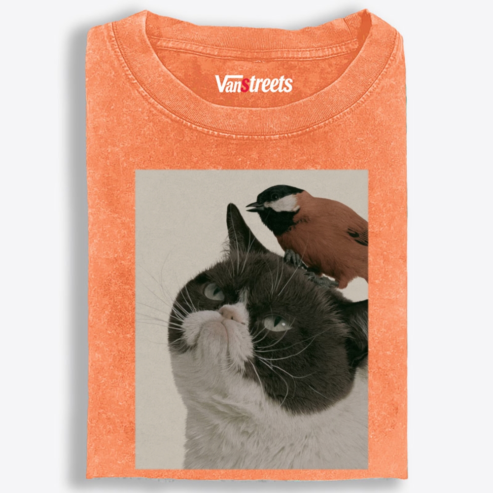 Bird On My Head Cat Retro Washed T-Shirt | 100% Cotton | Streetwear Essential