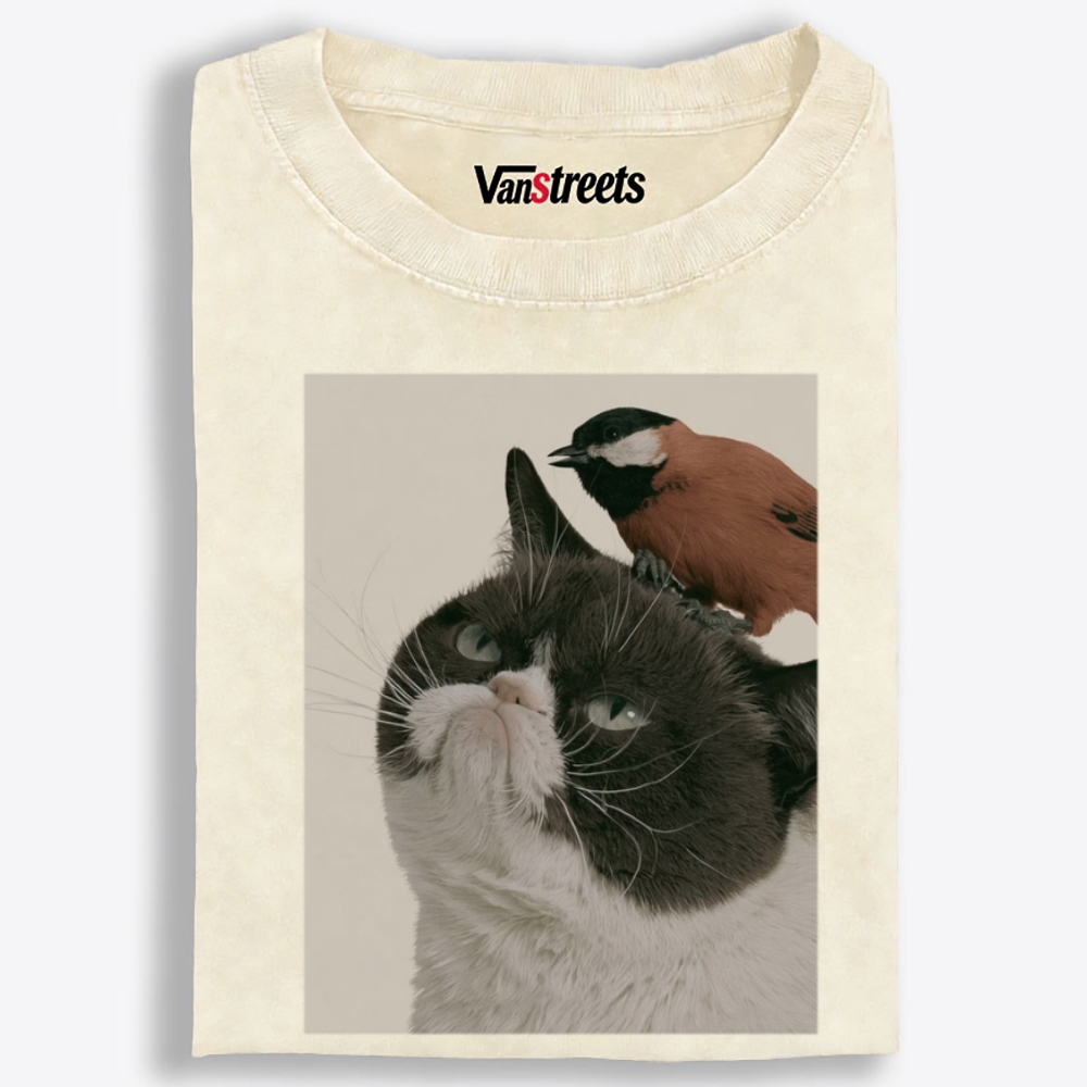 Bird On My Head Cat Retro Washed T-Shirt | 100% Cotton | Streetwear Essential
