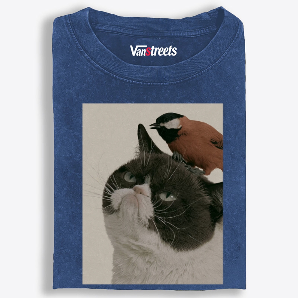 Bird On My Head Cat Retro Washed T-Shirt | 100% Cotton | Streetwear Essential