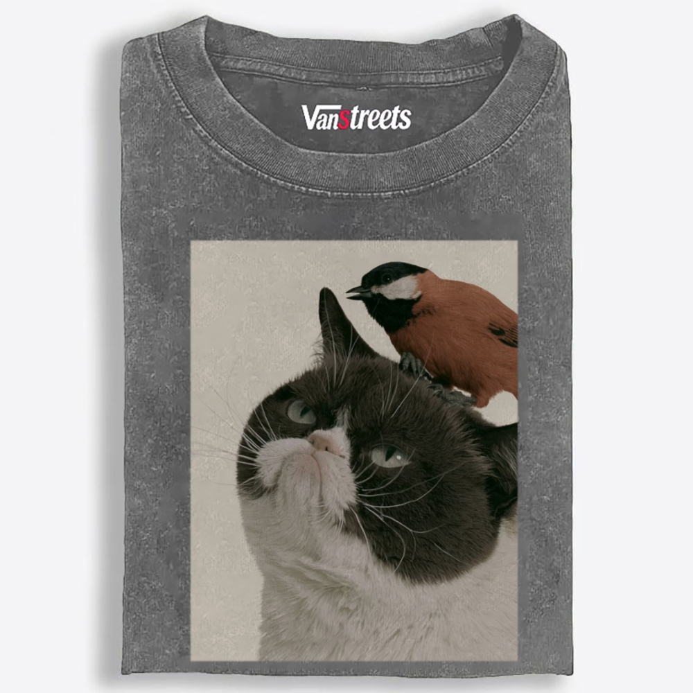 Bird On My Head Cat Retro Washed T-Shirt | 100% Cotton | Streetwear Essential