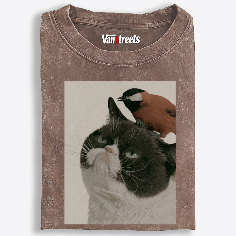 Bird On My Head Cat Retro Washed T-Shirt | 100% Cotton | Streetwear Essential