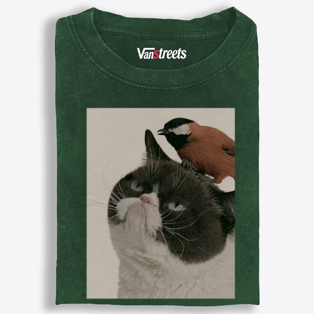 Bird On My Head Cat Retro Washed T-Shirt | 100% Cotton | Streetwear Essential