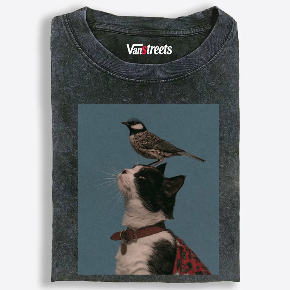 Bird Perched on My Head Cat Retro Washed T-Shirt | 100% Cotton | Streetwear Essential