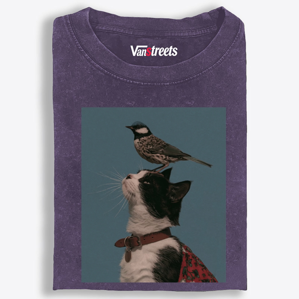 Bird Perched on My Head Cat Retro Washed T-Shirt | 100% Cotton | Streetwear Essential